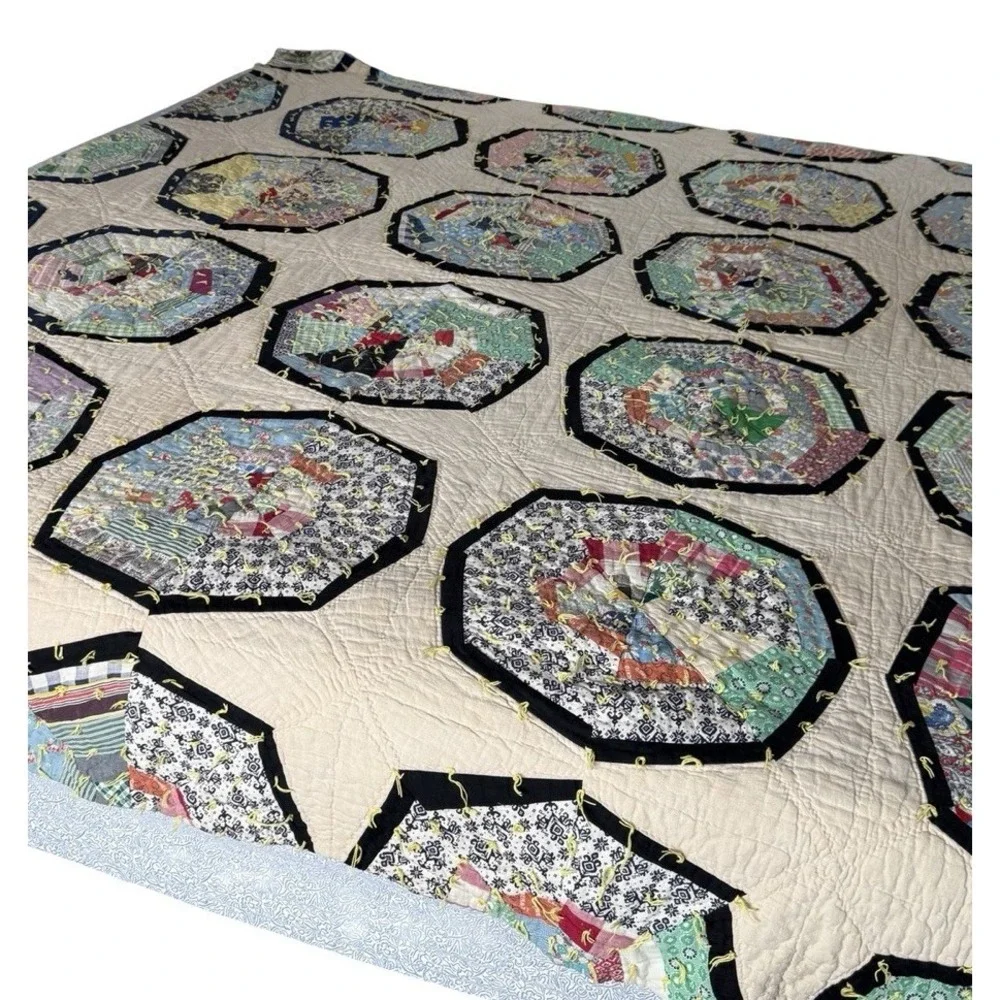 Vintage Handmade Spider Web String Quilt Hand Tied Scrap Patchwork Rare